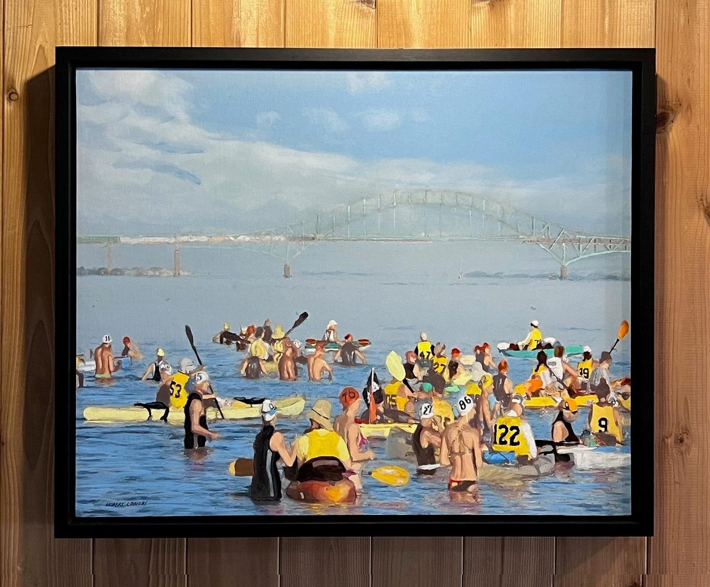 Original painting by Robert Patrick Coombs depicting the 2018 start of the Cross Bay Swim at the Fire Island Lighthouse